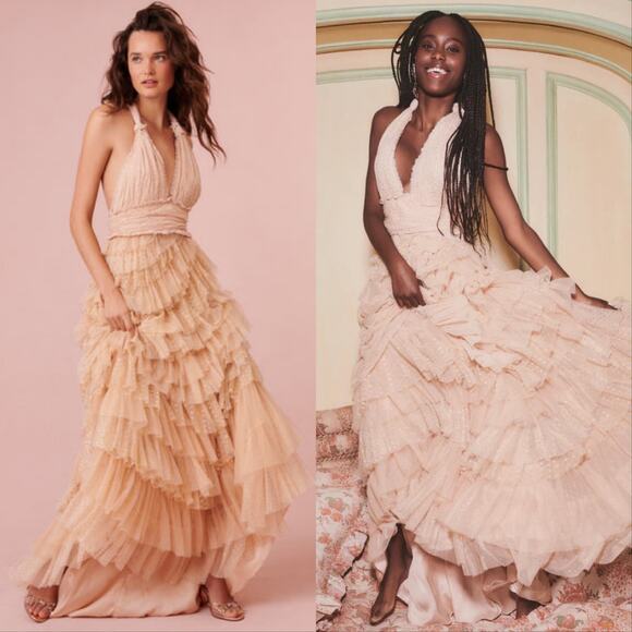 LoveShackFancy Dresses & Skirts - LoveShackFancy Ramsey Halter Ruffle Tiered Gown Maxi Dress Glitter Nude